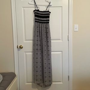 B&W maxi spaghetti strap dress with keyhole back